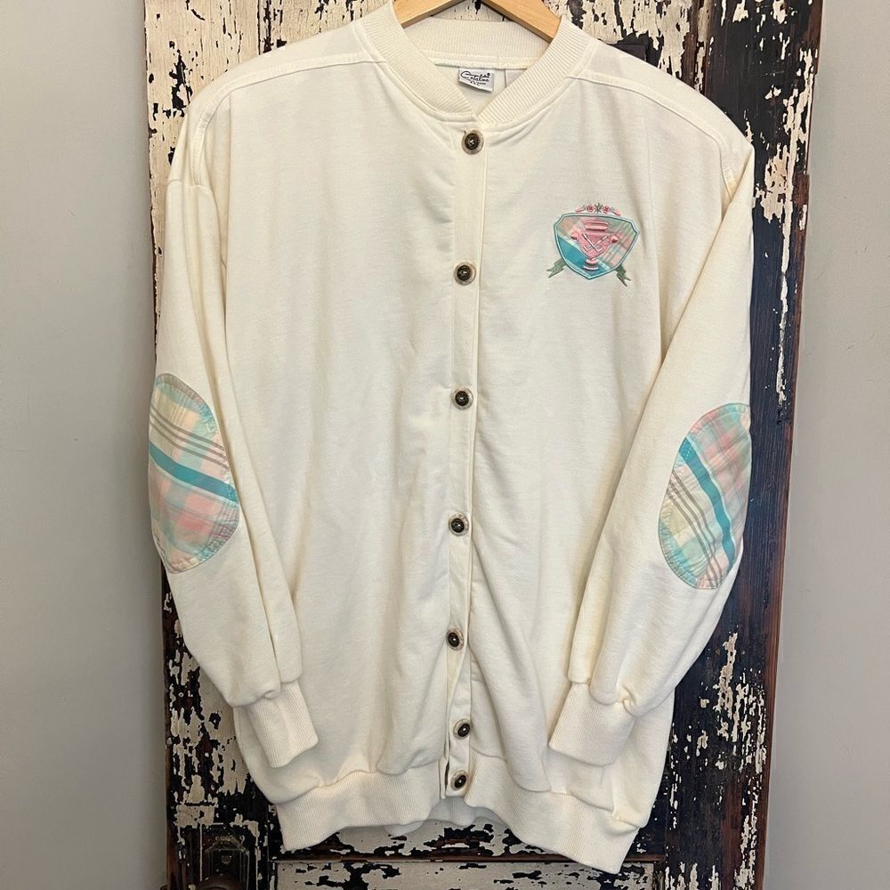 Women’s vintage plaid golf cardigan sweatshirt w plaid elbow patches. Size XL
